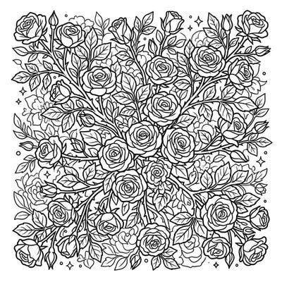 Dive into a world of delicate blooms with this exquisite miniature roses coloring page. Featuring a dense arrangement of beautiful roses and lush foliage, it promises hours of creative relaxation.