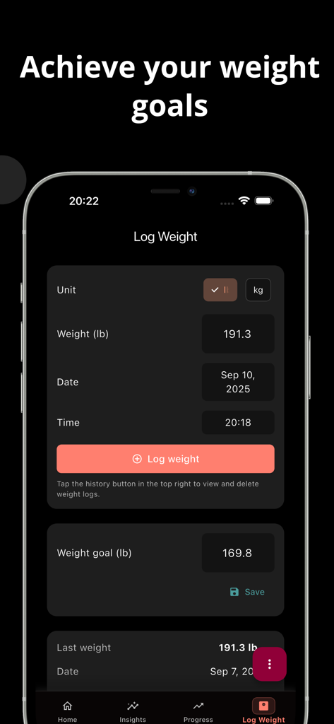 Weight logging and goal setting screen in the Life Fasting Tracker app