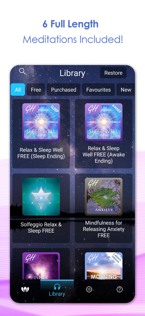 Bibliotheks-Oberfläche der Relax and Sleep Well App, die verschiedene kostenlose Meditations- und Hypnose-Tracks auf sternenhimmel-Hintergrund zeigt.