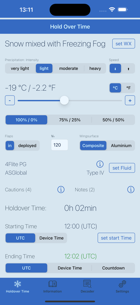 Winter OPS - Winter OPS mobile app interface showing a holdover time calculation for aircraft de-icing
