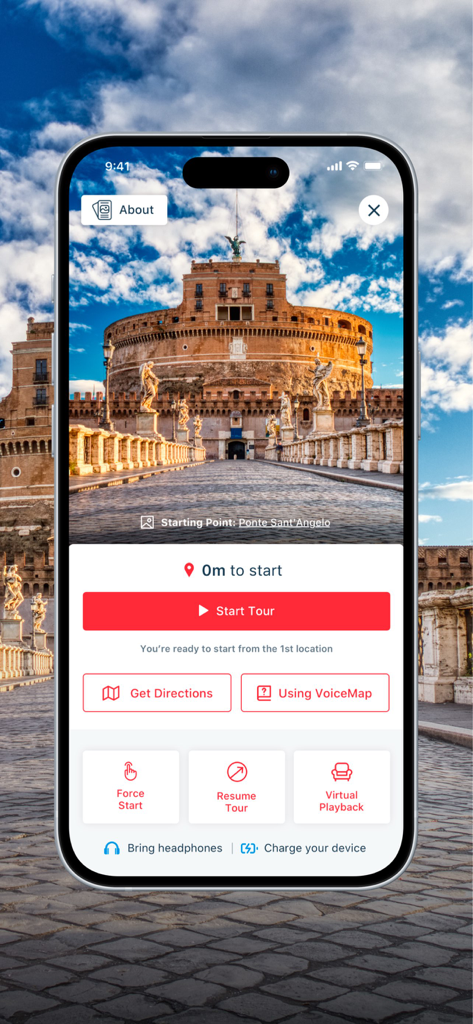 VoiceMap: Audio Tours & Guides - Capture d'écran de l'application VoiceMap montrant le début d'une visite à pied à Rome, au Castel Sant'Angelo.