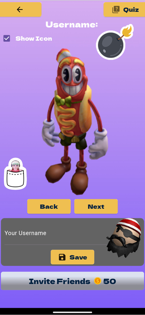 Skins Maker Roblox - Interfaccia dell'app mobile Skins Maker Roblox che mostra un avatar di personaggio hotdog personalizzabile