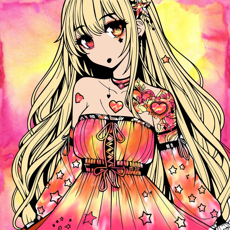 realistic anime girl with long hair star heart tattoos with a fabric dress