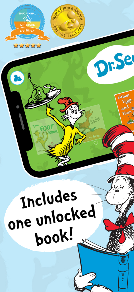 Dr Seuss Deluxe Books App screen displaying characters and educational award badges