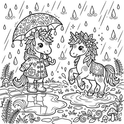 Dive into a delightful rainy day scene with two charming Earth Unicorns, one ready with an umbrella and the other joyfully splashing in puddles. This enchanting coloring page offers a perfect blend of magic and nature for a creative escape.