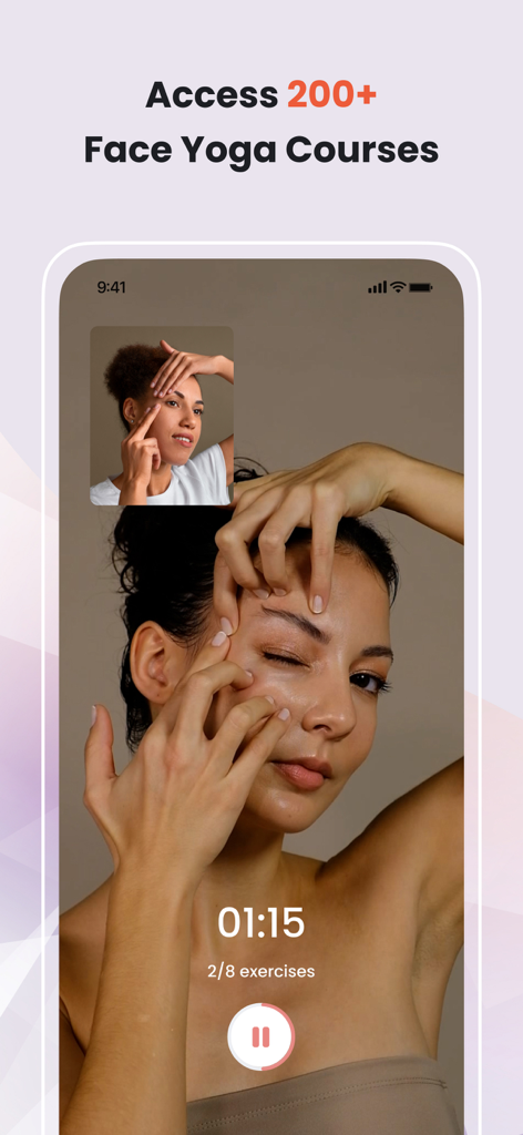 Young Face: Face Yoga Exercise - Mobile app interface showing a facial yoga video tutorial with a timer and progress tracking for facial exercises