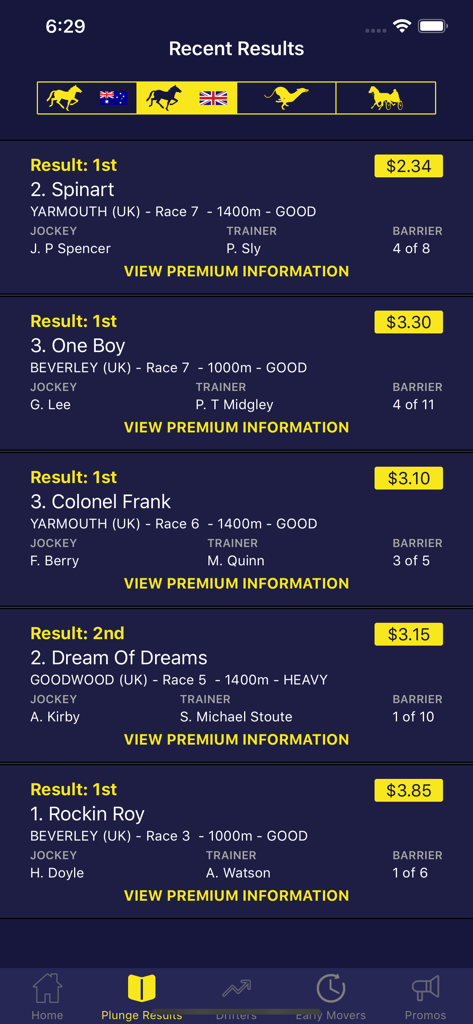 Plunge: Horse Racing - 플런지 앱의 최근 경마 결과 및 베팅 배당금