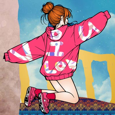 realistic girl jumping with a bun and oversized sweatshirt