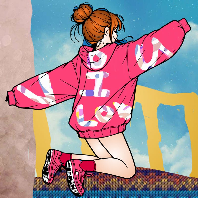 realistic girl jumping with a bun and oversized sweatshirt