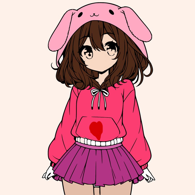 pretty anime girl wearing a fluffy hoodie with bunny ears on the hood and a skirt