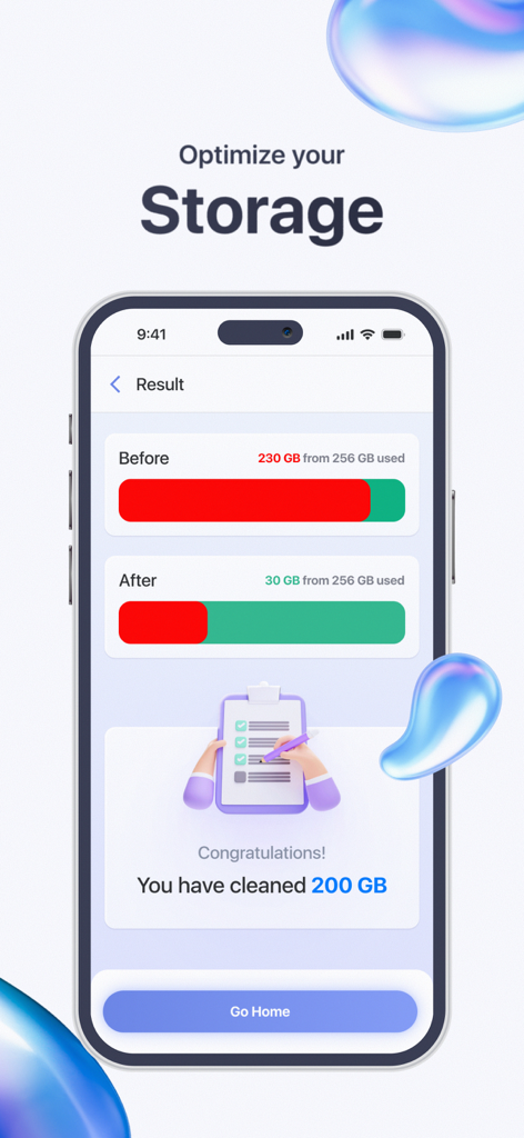 A mobile app screen showing storage optimization results after cleaning two hundred gigabytes of data