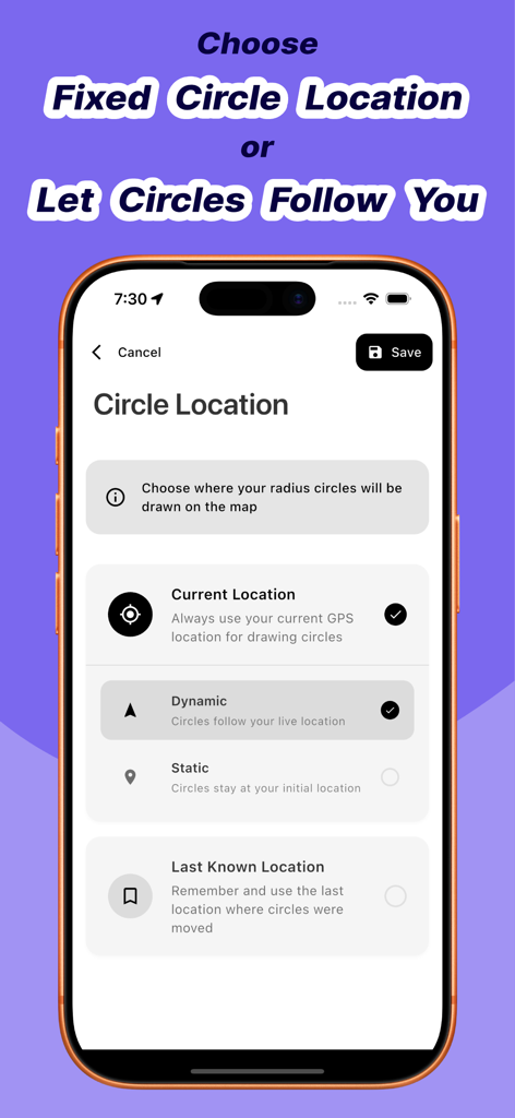 Radius Around Me - Radius Around Me app settings screen showing options for dynamic or static circle location modes.