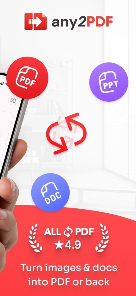 Interface do aplicativo Any2PDF para converter vários formatos de documentos e imagens em PDF