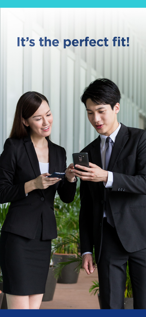 Two business professionals in suits looking at their smartphones with the slogan It's the perfect fit