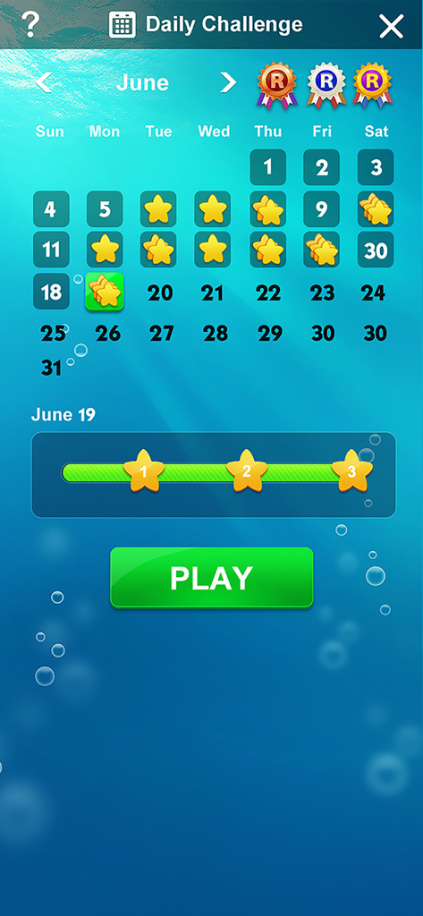 The daily challenge calendar screen in the Word Charm app with an underwater theme and progress rewards.