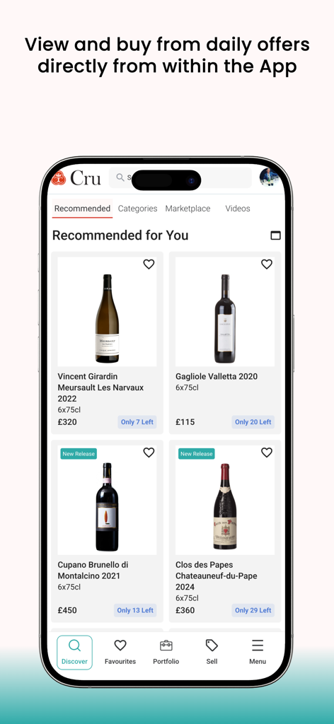 Cru World Wine mobile app interface showing a curated selection of recommended premium wines with prices and stock availability