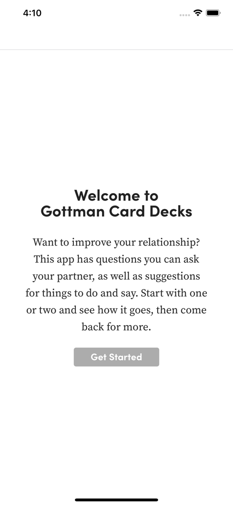 Willkommensbildschirm für die Beziehungs-App Gottman Card Decks