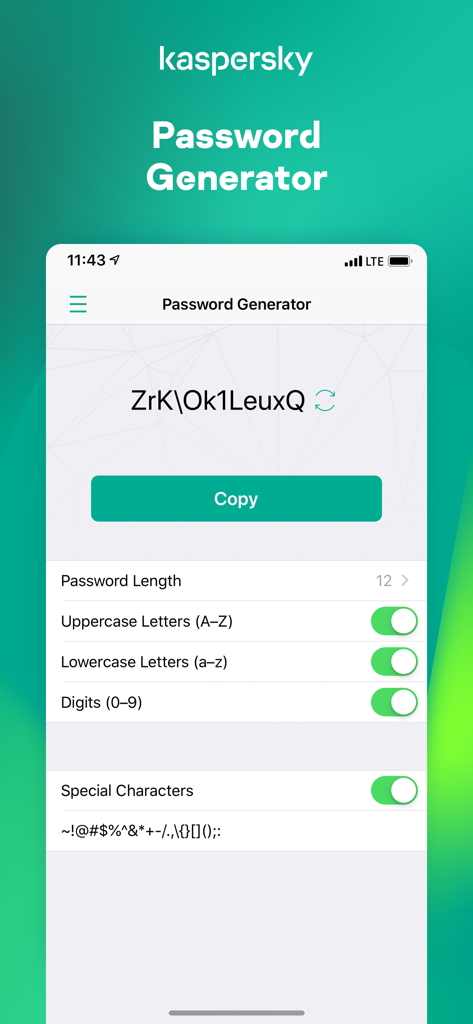 Kaspersky Passwords & Docs - Kaspersky Passwords and Docs app showing the password generator screen with customization options for characters and length