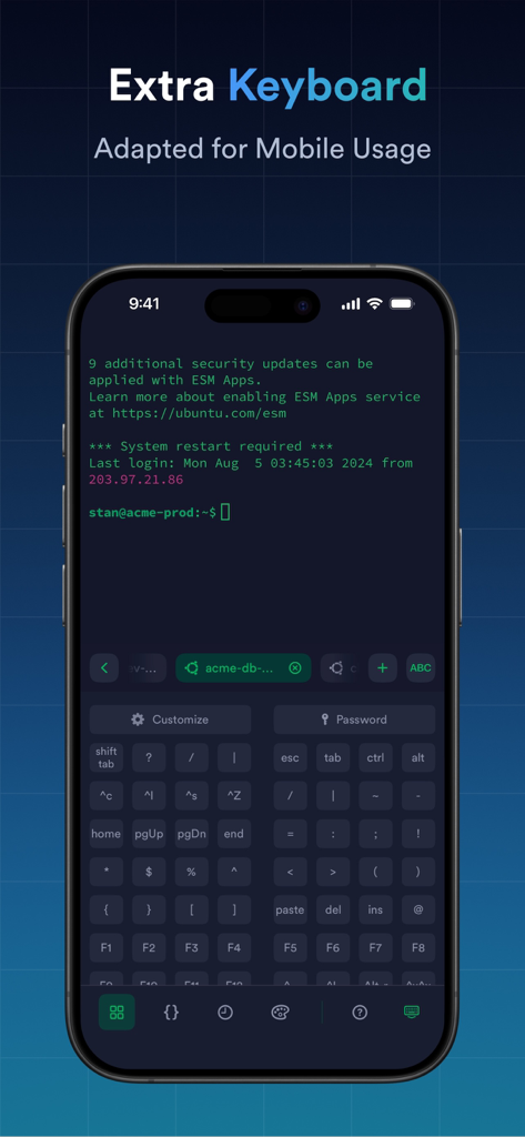 Termius app interface showing a specialized extra virtual keyboard with special keys and command line terminal on a mobile device.