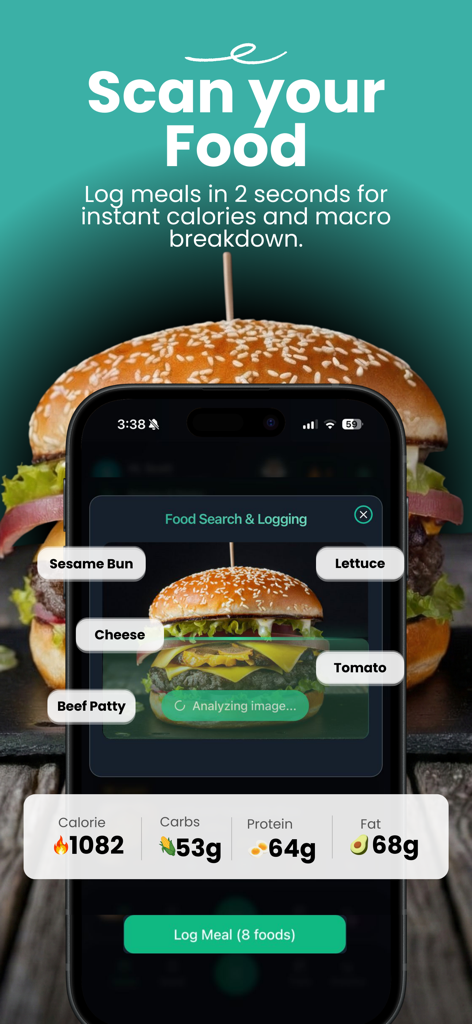 Meal Ark: AI Meal Planner - Meal Ark app interface showing AI food scanner identifying burger ingredients and displaying calorie and macro counts.