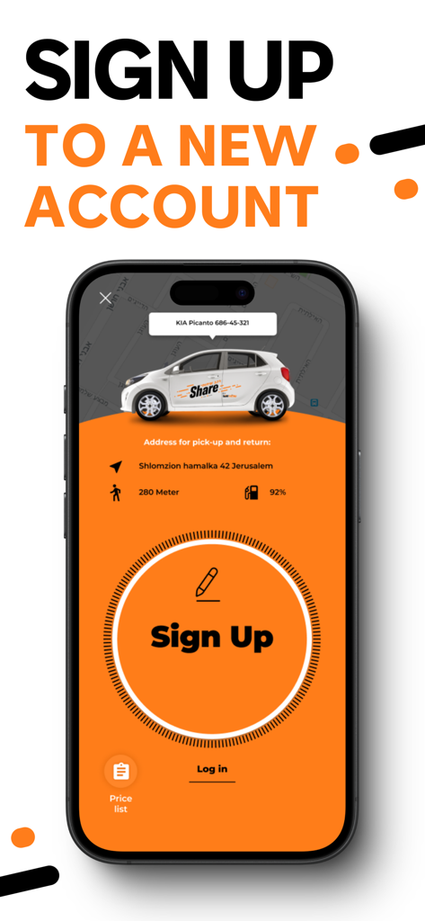 Écran d'inscription à l'application d'autopartage Share en Israël présentant un véhicule à Jérusalem