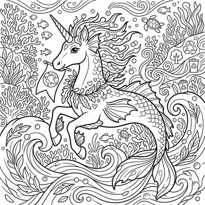 Dive into creativity with this captivating sea unicorn coloring page, a perfect way to celebrate Earth Day. This unique design beautifully blends mythical marine wonder with essential themes of ocean conservation and environmental stewardship.