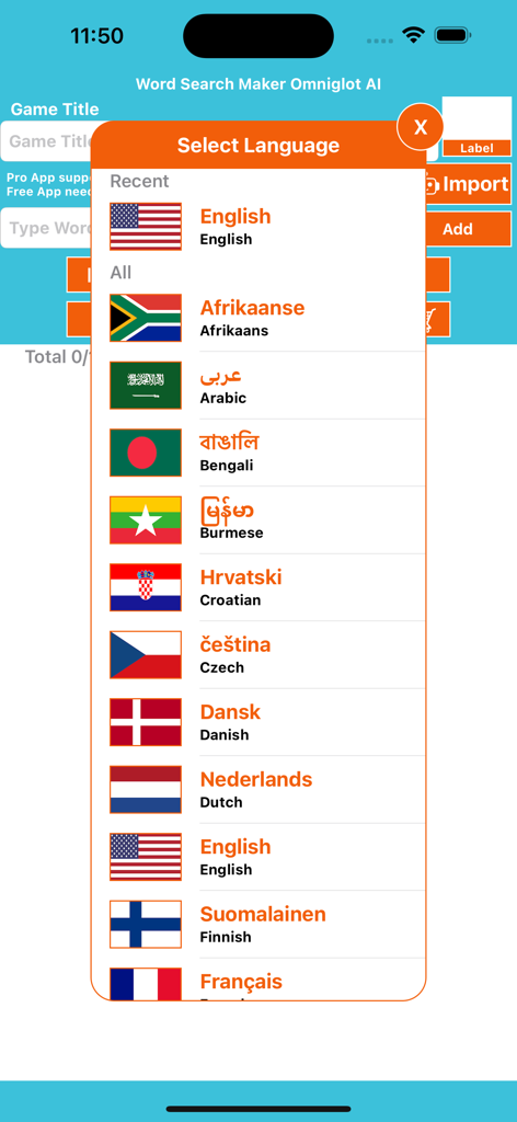 Menú de selección de idioma que muestra varias banderas y opciones de idioma para crear rompecabezas de palabras