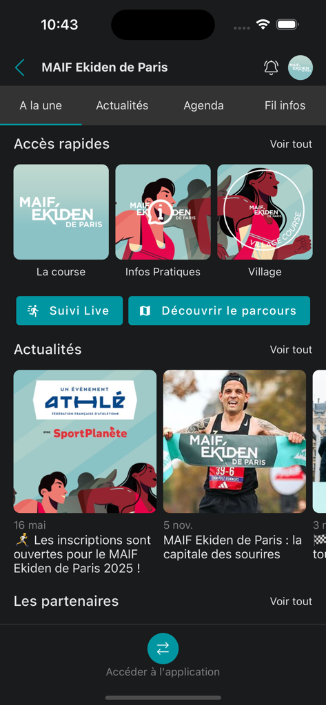 Runify - Runify app interface showing information for the MAIF Ekiden de Paris race including news and live tracking.