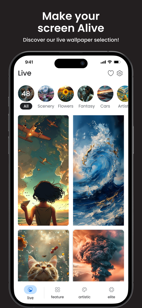 iPhone interface of the OMW app showcasing a variety of high definition 4K live wallpapers and categories