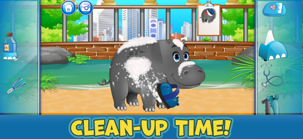 Zoo Animal Care Adventure Game - A cartoon hippo being washed with soap and a blue brush in the Zoo Animal Care Adventure Game