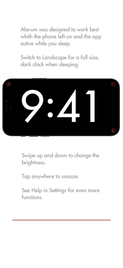 Alarum app in landscape mode showing a large minimalist digital clock on a black background with snooze and brightness instructions