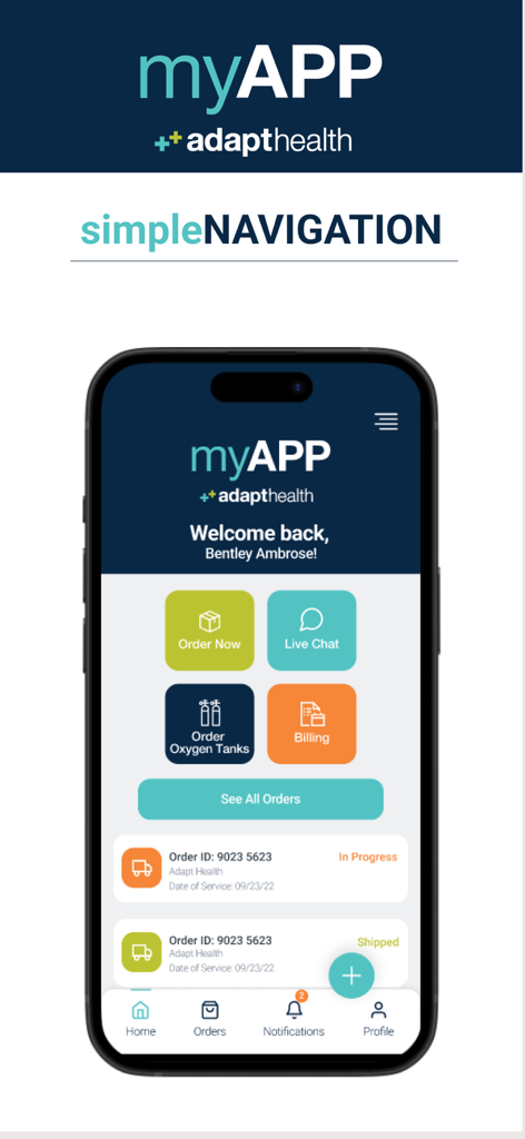 The myAPP by AdaptHealth home screen dashboard showing buttons for medical supply ordering, live chat, billing, and order tracking.