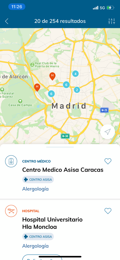 Vista de mapa y lista de centros médicos y especialistas de ASISA en Madrid