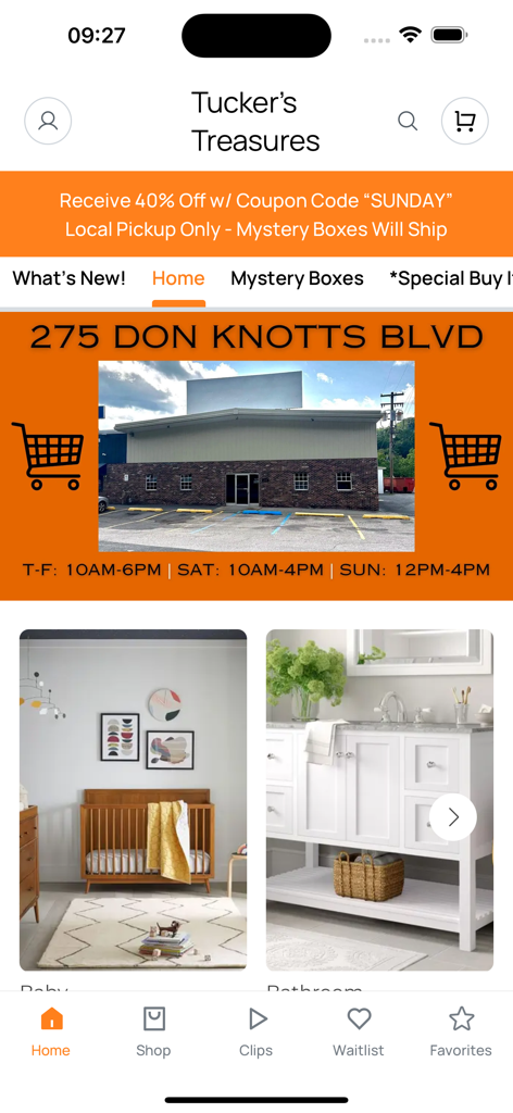 Home screen of the Tuckers Treasures boutique shopping app showing featured collections and promotional banners