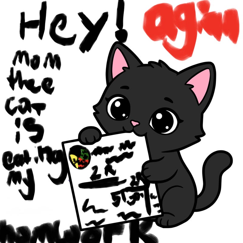 a small cat with a blank sheet of paper in its hand. the cat is sooooooo cute!