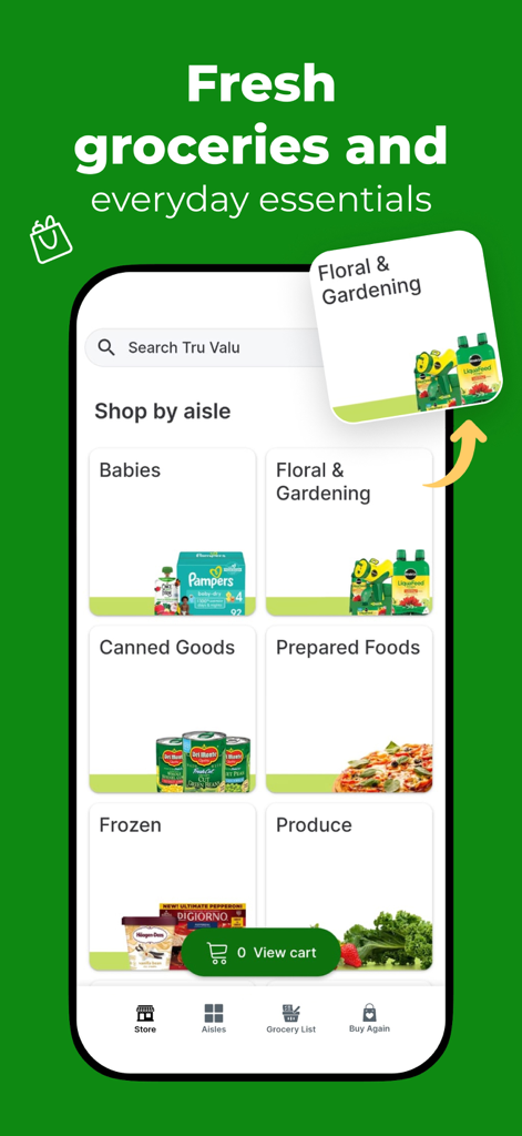Mobile App-Oberfläche von Food Depot, die Lebensmittelkategorien wie Obst und Gemüse, Tiefkühlkost und Konserven für den Online-Einkauf zeigt