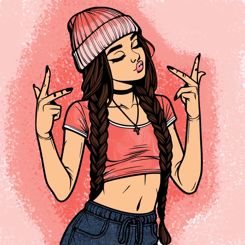 realistic teenage girl with braids and a beanie and crop top doing 🫶🏼