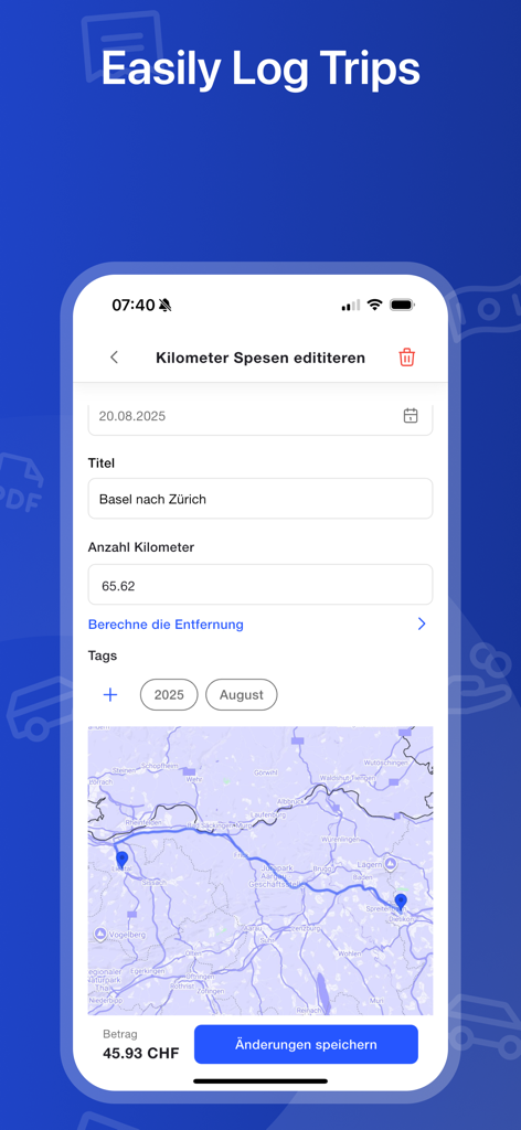 Easy Travel Expenses - Benutzeroberfläche der Easy Travel Expenses App, die ein Geschäftsreiselog mit Kilometern und einer Kartenroute zeigt.