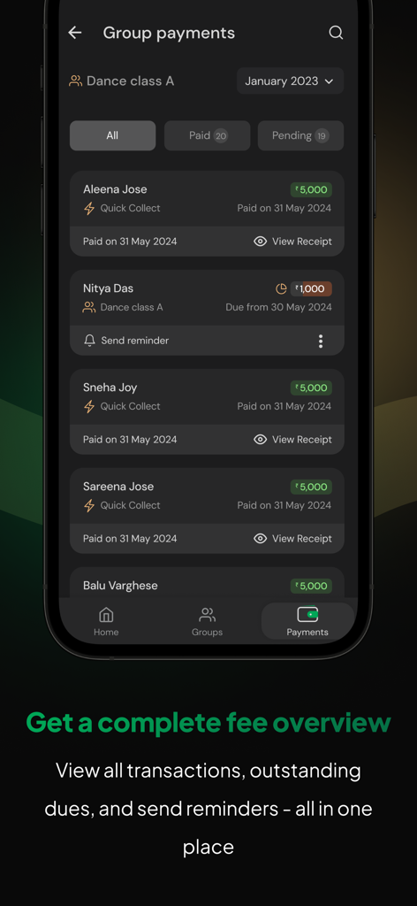 CoFee mobile app interface displaying a group payments overview with member transaction history and payment reminder options.