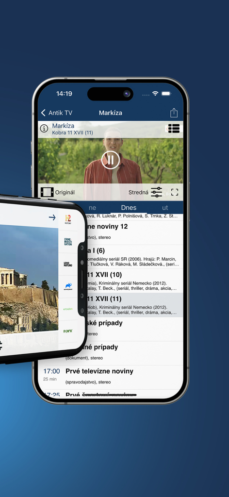Antik TV - Antik TV mobile app interface showing a video player and electronic programme guide for Slovak and Czech television channels