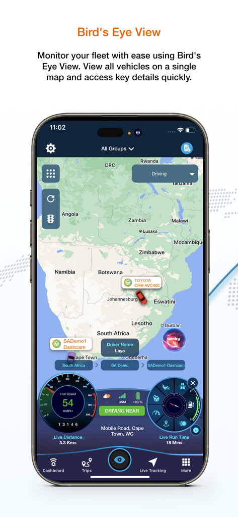 Smartphone showing Amber Fleet Connect birds eye view map with vehicle tracking and live dashboard metrics