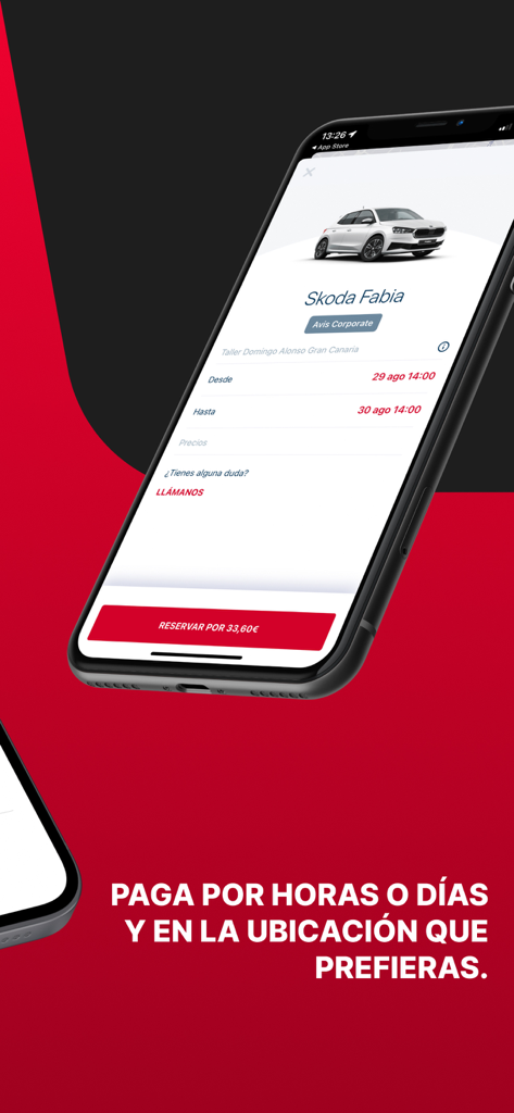 Avis Corporate mobile app interface showing a Skoda Fabia car rental reservation with flexible hourly and daily booking options.