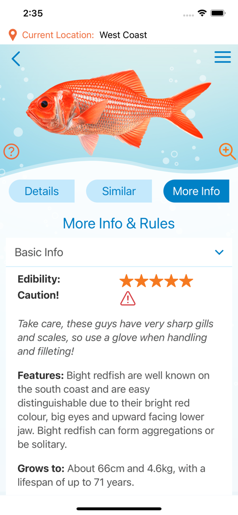 recfishwest - Mobile app screen showing a Bight Redfish illustration with edibility rating and species features