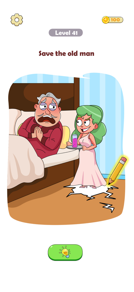 Draw Funny Story: DOP Puzzle - A cartoon puzzle level in Draw Funny Story where the goal is to save an old man in bed.