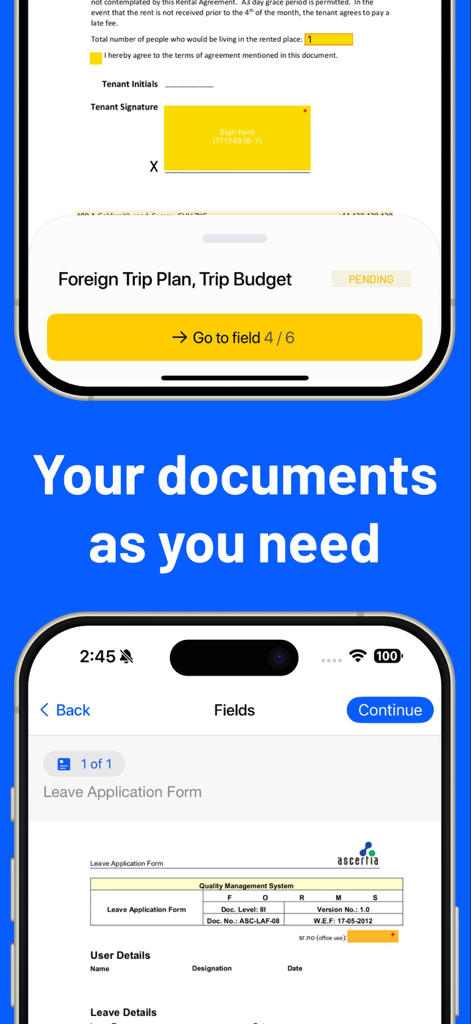 Interface móvel do aplicativo SigningHub mostrando campos de assinatura de documentos e etapas do fluxo de trabalho de solicitação de licença em duas telas de iPhone