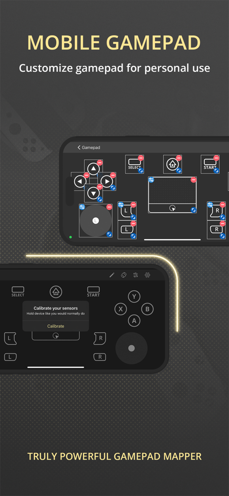 仮想ボタンとセンサーキャリブレーションを備えたカスタマイズ可能なモバイルゲームパッドインターフェイス