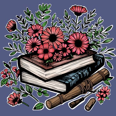 rustic books and flowers realistic
