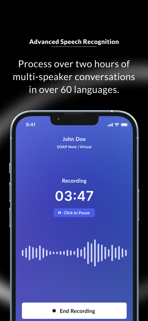 Commure AI Medical Scribe app recording screen showing advanced speech recognition and SOAP note creation features.