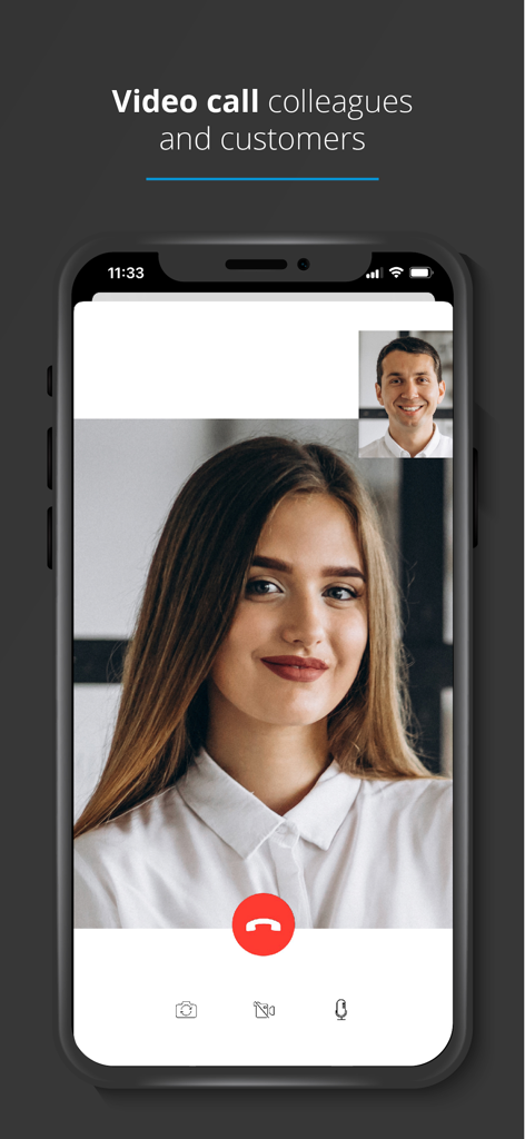 A screenshot of the 3CX app showing a business video call between two colleagues on an iPhone