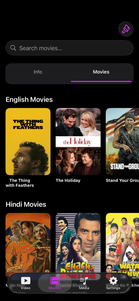 MovieBox : Movies , TV Show - MovieBox app interface showing English and Hindi movie categories with a dark theme and search bar